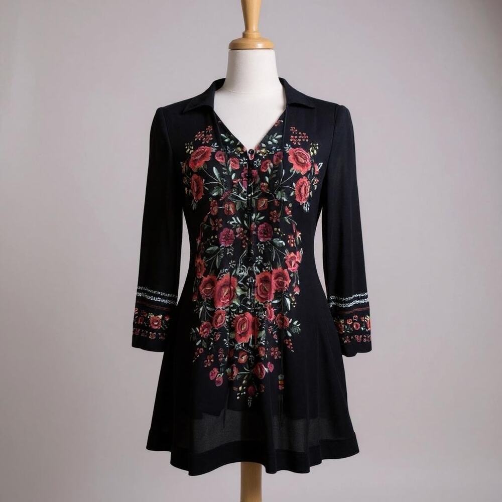 V. Cristina Mini Dress Sz Sm Black Floral‎ Boho 3/4 Sleeve Whimsygoth Festival